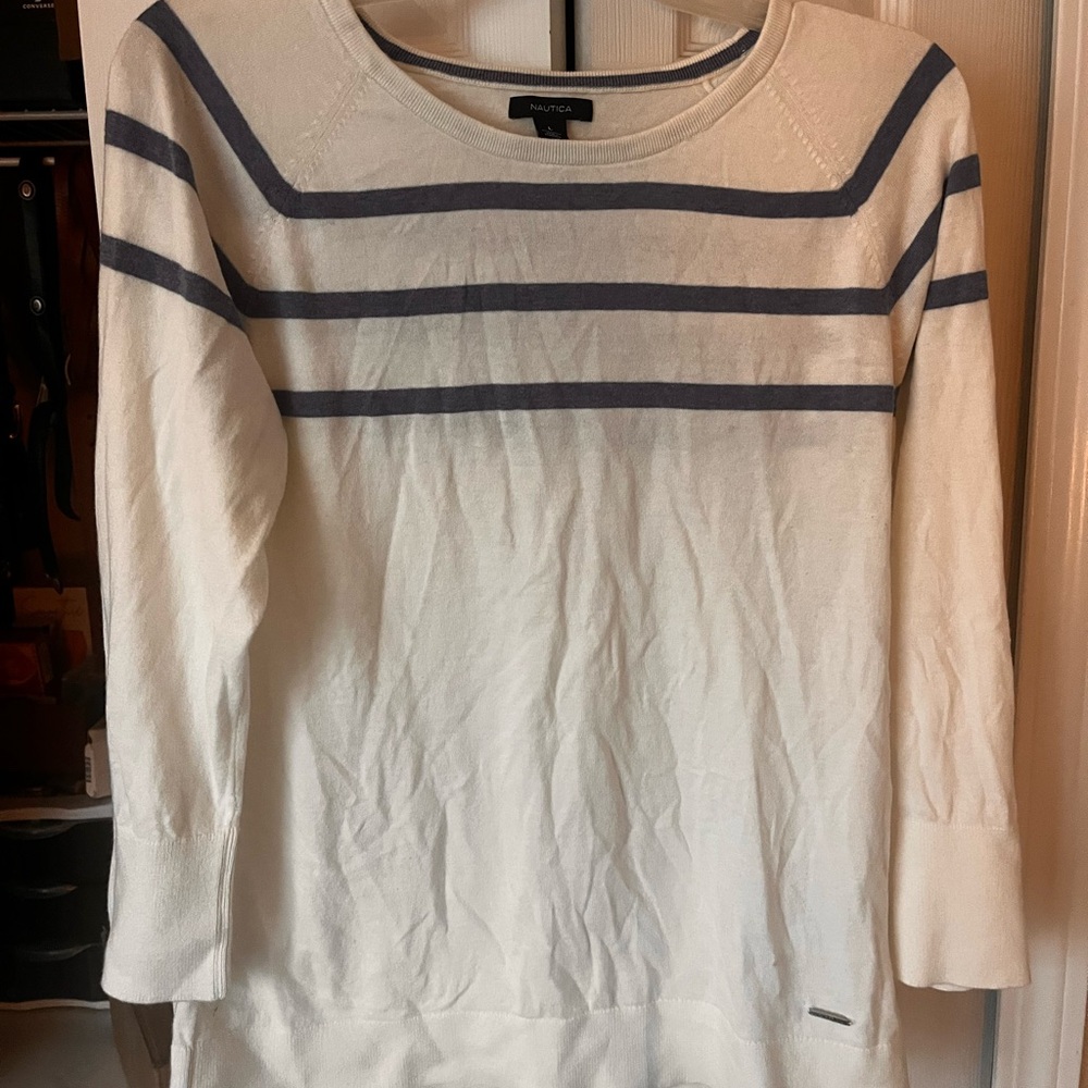 Nautica Women's Cream and Navy Striped Sweater